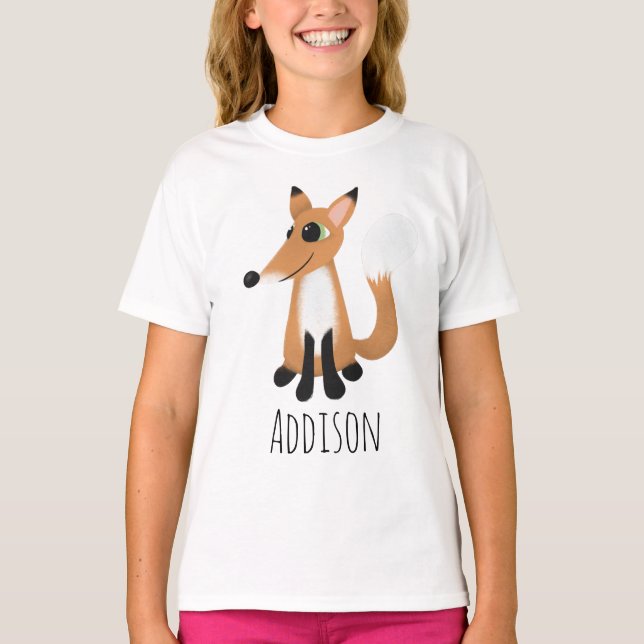 Girls Cute Woodland Forest Fox and Name T-Shirt (Front)