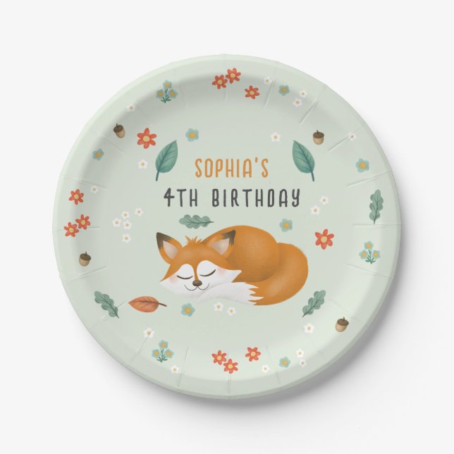 Girls Cute Woodland Forest Fox Kids Birthday Paper Plate (Front)