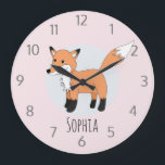 Girls Cute Woodland Fox and Name Kids Large Clock<br><div class="desc">This trendy girls clock features an adorable,  hand drawn woodland forest fox. This lovely design also features a place for you to add a name. The perfect wildlife themed design for any kid's room or baby's nursery!</div>