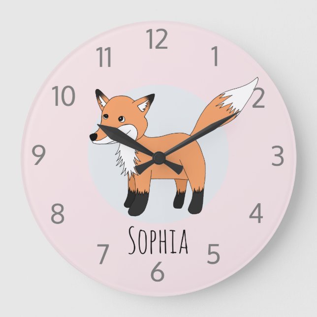 Girls Cute Woodland Fox and Name Kids Large Clock (Front)