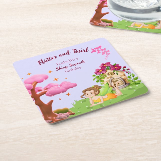 Girls Cute Yellow Fairy Fairytale home Square Paper Coaster (Angled)