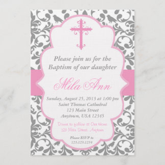 Girls Damask Baptism Pink and Grey Invitation