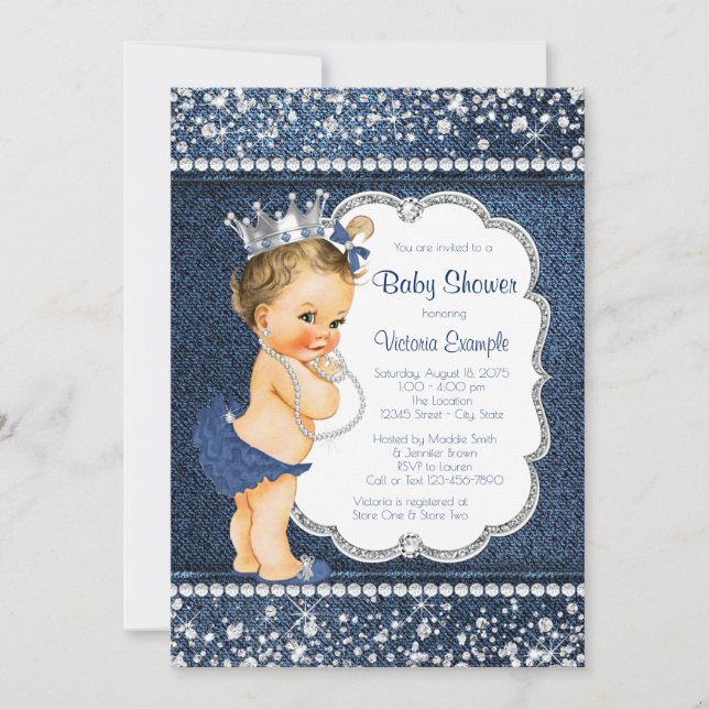 Girls Denim and Diamond Baby Shower Invitations (Front)