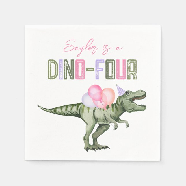 Girl's Dino-Four Party Paper Napkins (Front)