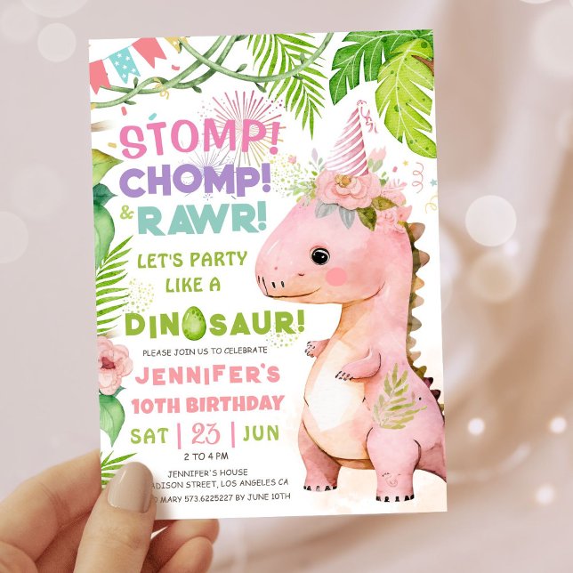 Girls Dinosaur 10th Birthday Party Cute Pink Dino Invitation (#DinosaurBirthdayInvitation #DinosaurBirthdayInvite #GirlDinosaurBirthdayInvitation
)