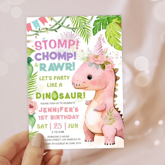 Girls Dinosaur 1st Birthday Party Cute Pink Dino Invitation (#DinosaurBirthdayInvitation #DinosaurBirthdayInvite #GirlDinosaurBirthdayInvitation)