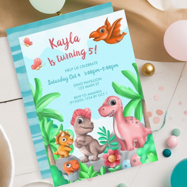 Girl's Dinosaur Birthday Invitation (Girl's Dinosaur Birthday Party Invitation)