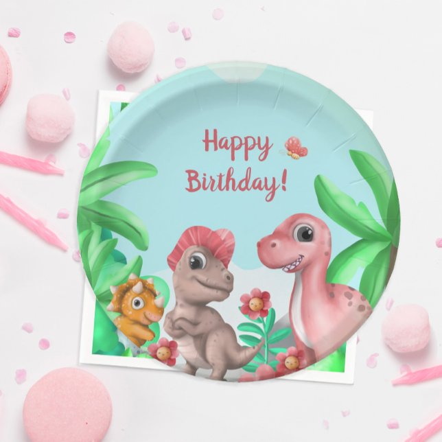 Girl's Dinosaur Birthday Paper Plate (Girl's Dinosaur Birthday Party Plate)