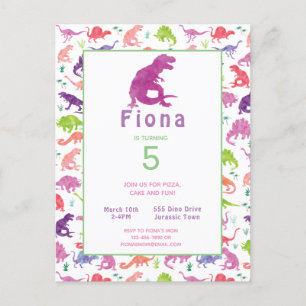 Girls Dinosaur Birthday Party Postcard Invitation