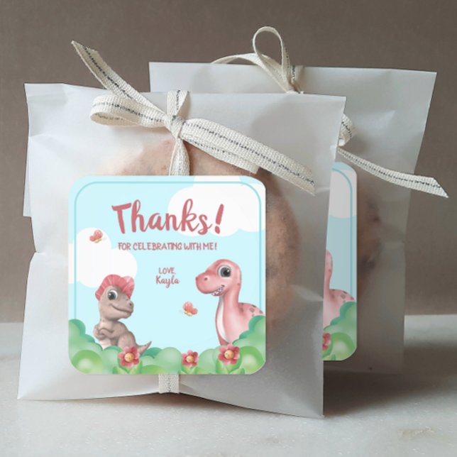 Girl's Dinosaur Birthday Thanks Square Sticker (Personalized Girl's Dinosaur Birthday Party Stickers)