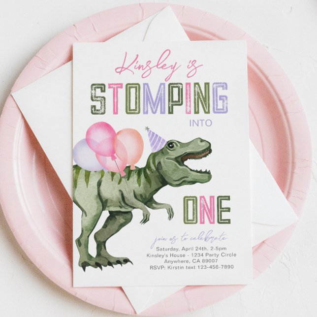 Girl's Dinosaur First Birthday Invitation (Creator Uploaded)