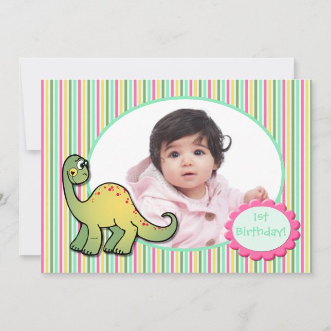 Girl's Dinosaur First Birthday Party Invitation (Front)