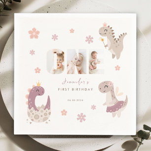 Girls Dinosaur First Birthday Photo Napkin