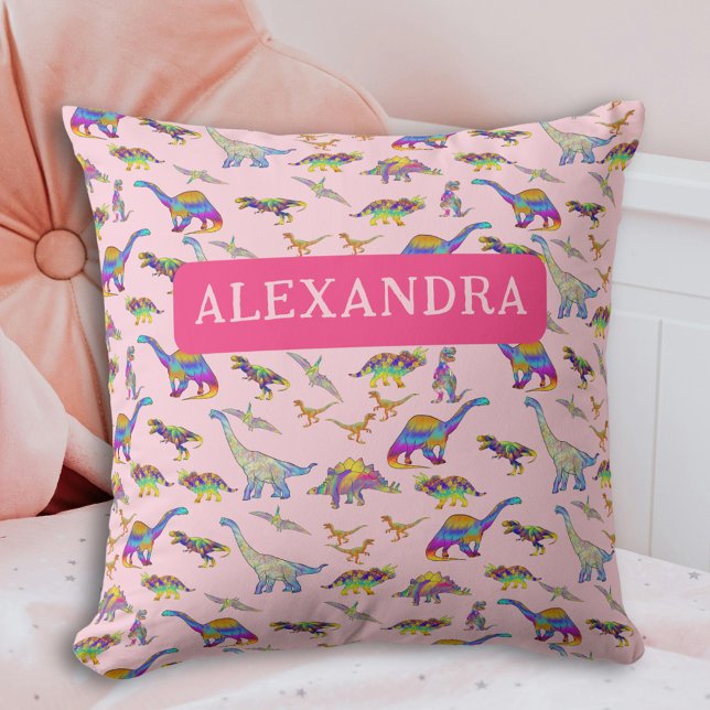 Girls Dinosaur Personalised Pink Cushion (Personalized girls dinosaur pink pillow Custom dino pattern home decor)