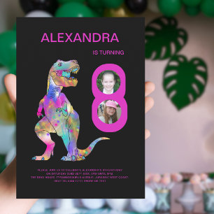 Girls Dinosaur Photo Collage 8th Birthday Party Invitation