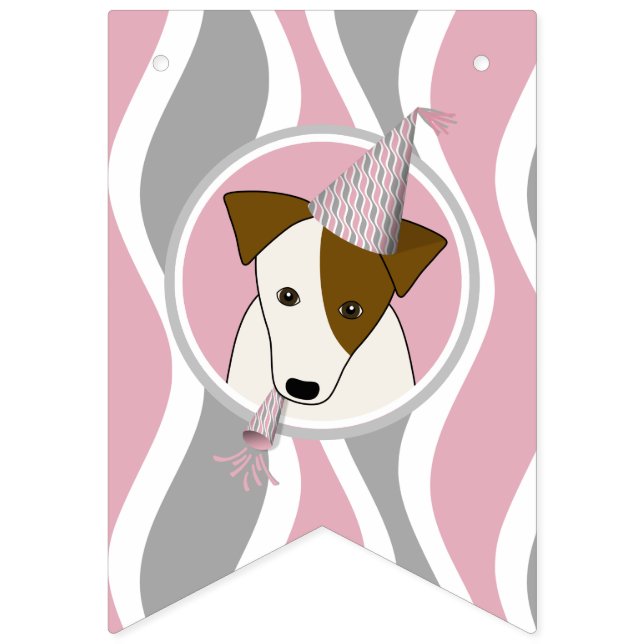 girl's dog themed birthday pink grey wavy stripes bunting  (First Flag)