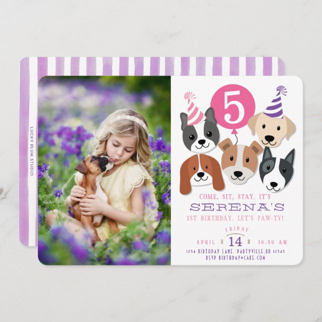 Girl's Dogs and Pink Balloon Photo Birthday Invite (Front/Back)