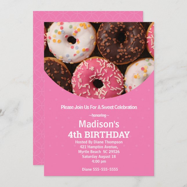 Girls Doughnut Birthday Party Any Age Invitation (Front/Back)