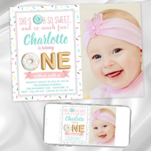 Girls Doughnut Foil Balloon Photo First Birthday Invitation