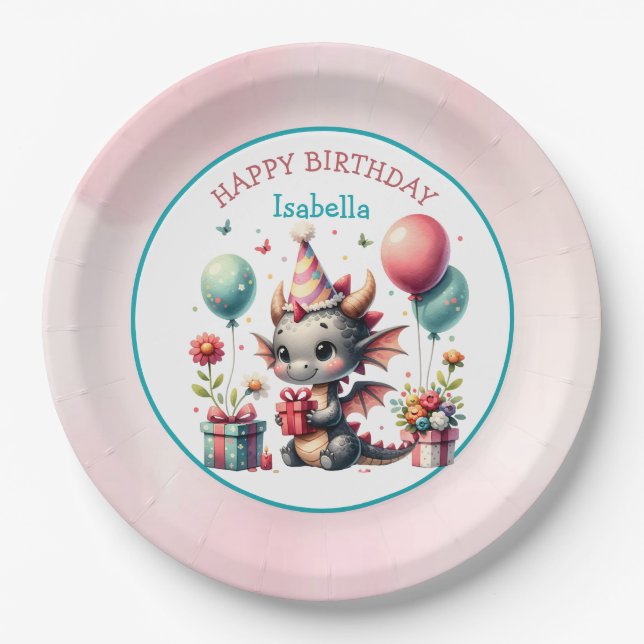 Girl's Dragon Themed Birthday Party Paper Plate (Front)