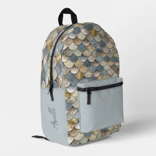 Girl's Dusty Blue and Gold Mermaid Scales Printed Backpack