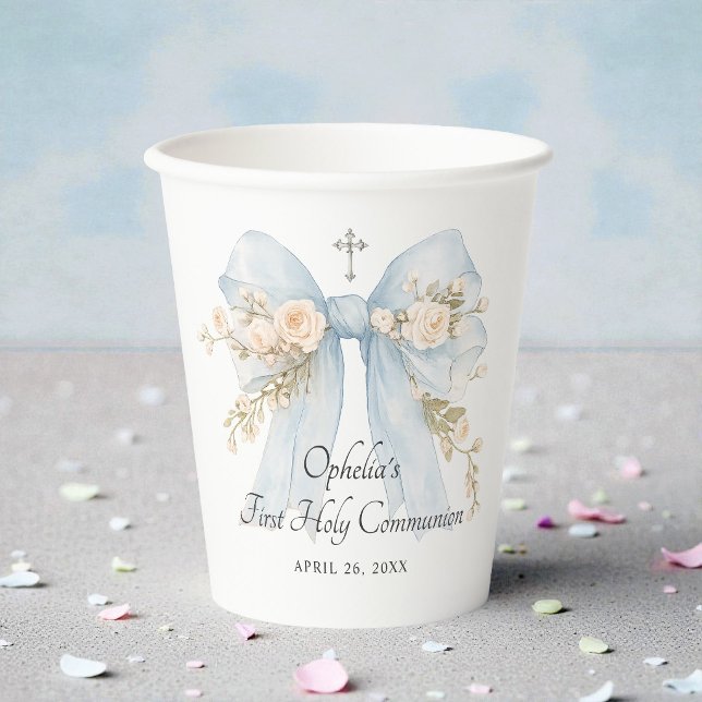 Girl's Dusty Blue First Communion Floral Bow Paper Cups (Creator Uploaded)