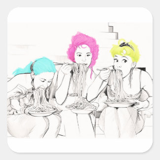 GIRLS EATING SPAGHETTI SQUARE STICKER