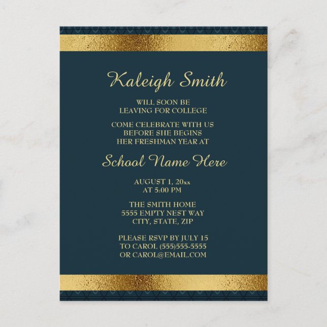 Girls Elegant Navy Blue Gold College Trunk Party Invitation Postcard (Front)