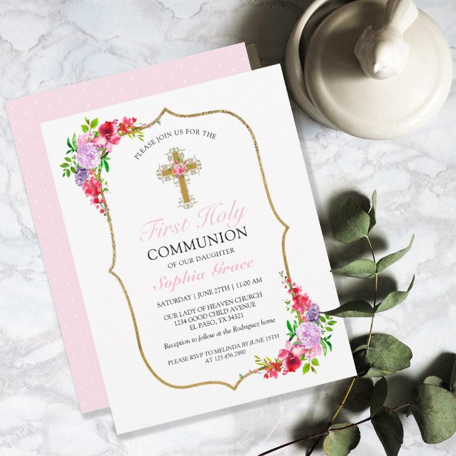 Girls Elegant Pink Floral First Holy Communion  Invitation (Creator Uploaded)