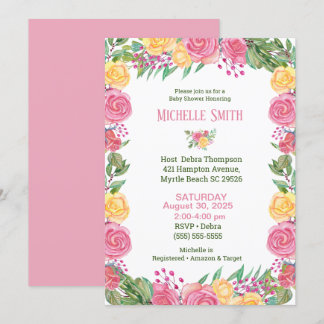 Girls Elegant Pink Yellow Roses Baby Shower Invitation