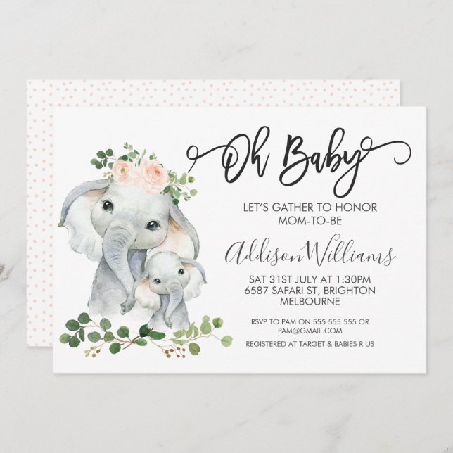 Girls Elephant And Foliage Baby Shower Invitation (Front/Back)
