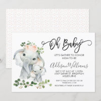 Girls Elephant And Foliage Baby Shower Invitation