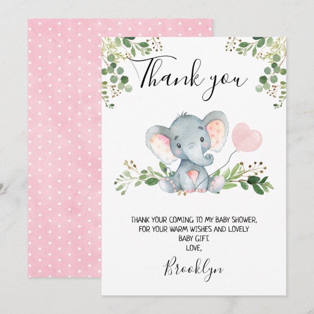 Girl's Elephant Baby Shower Thank You Card (Front/Back)