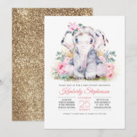 Girls Elephant Floral Baby Shower Invitation