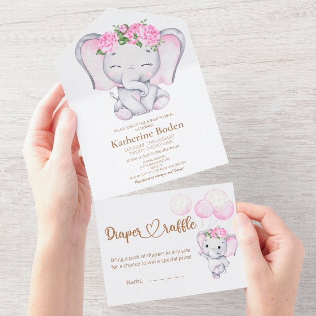 Girl's Elephant & Flower All In One Invitation (Creator Uploaded)