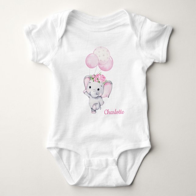 Girl's Elephant & Flower Baby Bodysuit (Front)
