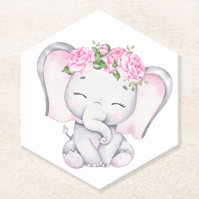 Girl's Elephant & Flower Watercolor Baby Shower Paper Coaster (Front)
