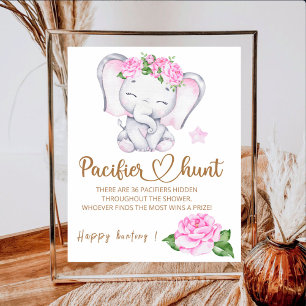 Girl's Elephant & Flower Watercolor baby shower Poster