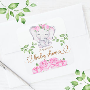 Girl's Elephant & Flower Watercolor Baby Shower  Square Sticker