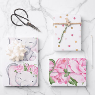 Girl's Elephant & Flower Wrapping Paper Sheets