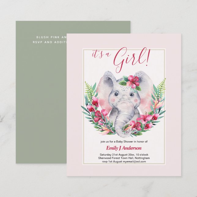 GIRLS Elephant Flowers Baby Shower GENDER REVEAL (Front/Back)