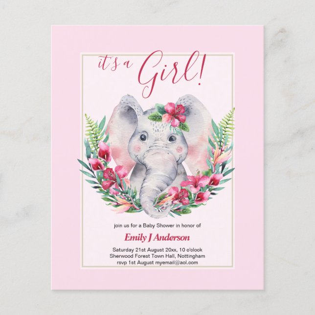 GIRLS Elephant Flowers Baby Shower GENDER REVEAL Flyer (Front)