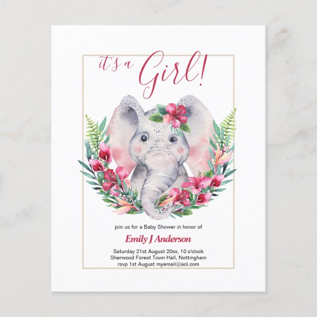 GIRLS Elephant Flowers Baby Shower GENDER REVEAL Flyer (Front)