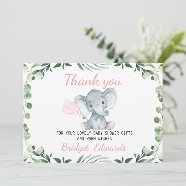 Girls Elephant Foliage Thank You Baby Shower Card (Standing Front)