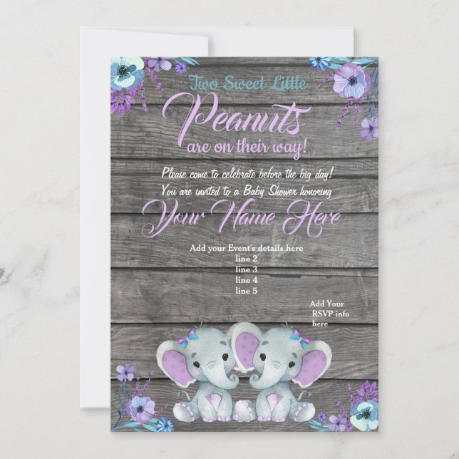 Girls Elephants Baby Shower Invitation rustic teal (Front)