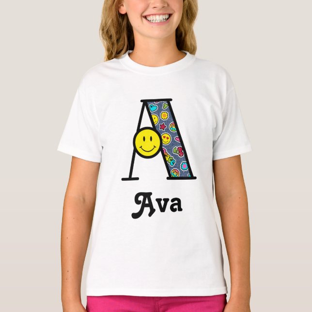 Girls Emoji Birthday Party Shirt Initial A (Front)