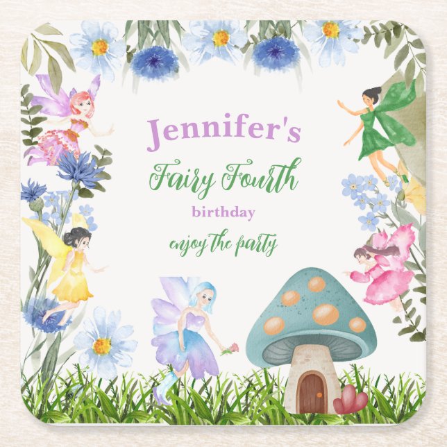 Girl's Fairy Birthday Fairies and Flowers Any Age Square Paper Coaster (Front)