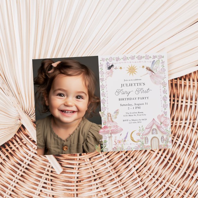 Girls Fairy First Magical Garden Birthday Photo Invitation (Girls Fairy First Photo Birthday Invite)