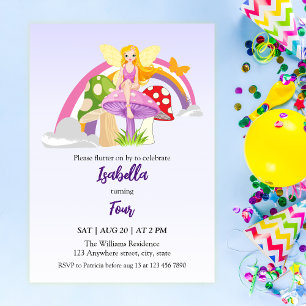 Girls Fairy Mushroom Rainbow Birthday  Invitation