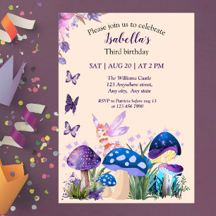 Girls Fairy Purple Mushroom Butterfly Birthday Invitation